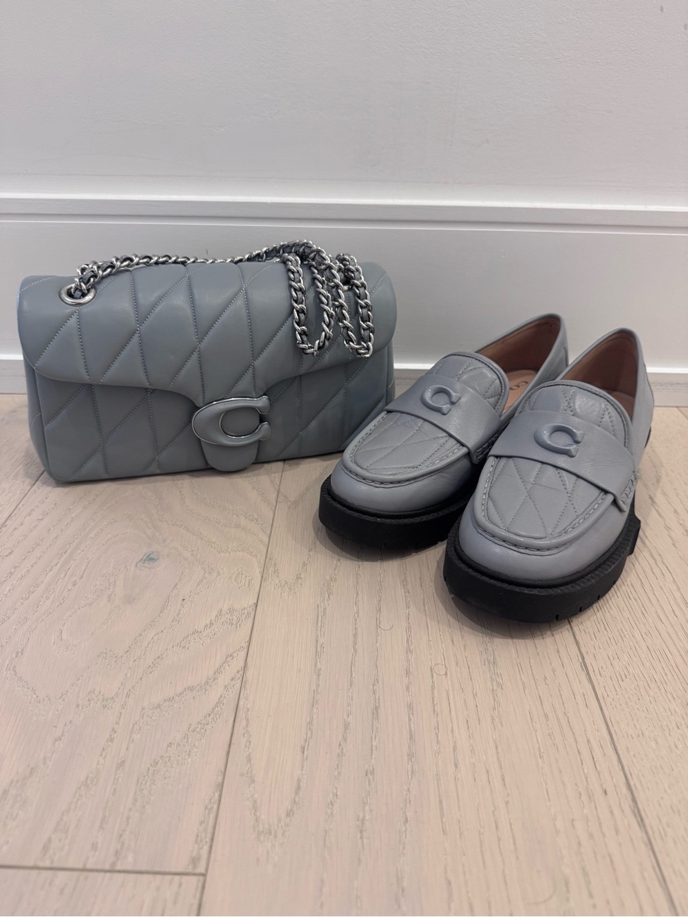 Coach Quilted Light Gray Leather Loafers with Matching Chain Shoulder Bag